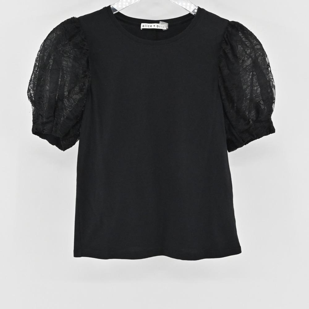 Alice Olivia Posey‎ Top Womens Size XS Black Silk Lace Puff Sleeve Chic Blouse
